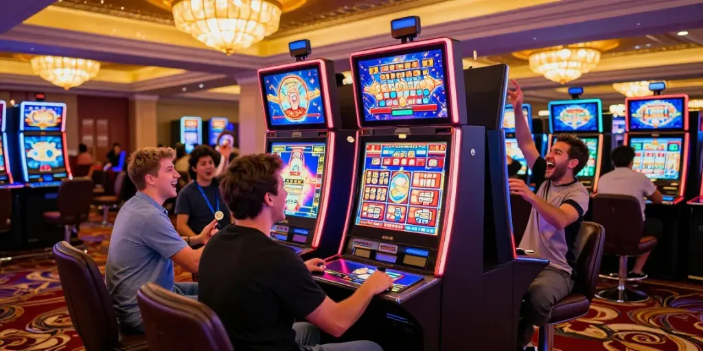 Exciting casino atmosphere with players enjoying Lucky777 slot machines, filled with vibrant lights and joyful expressions.
