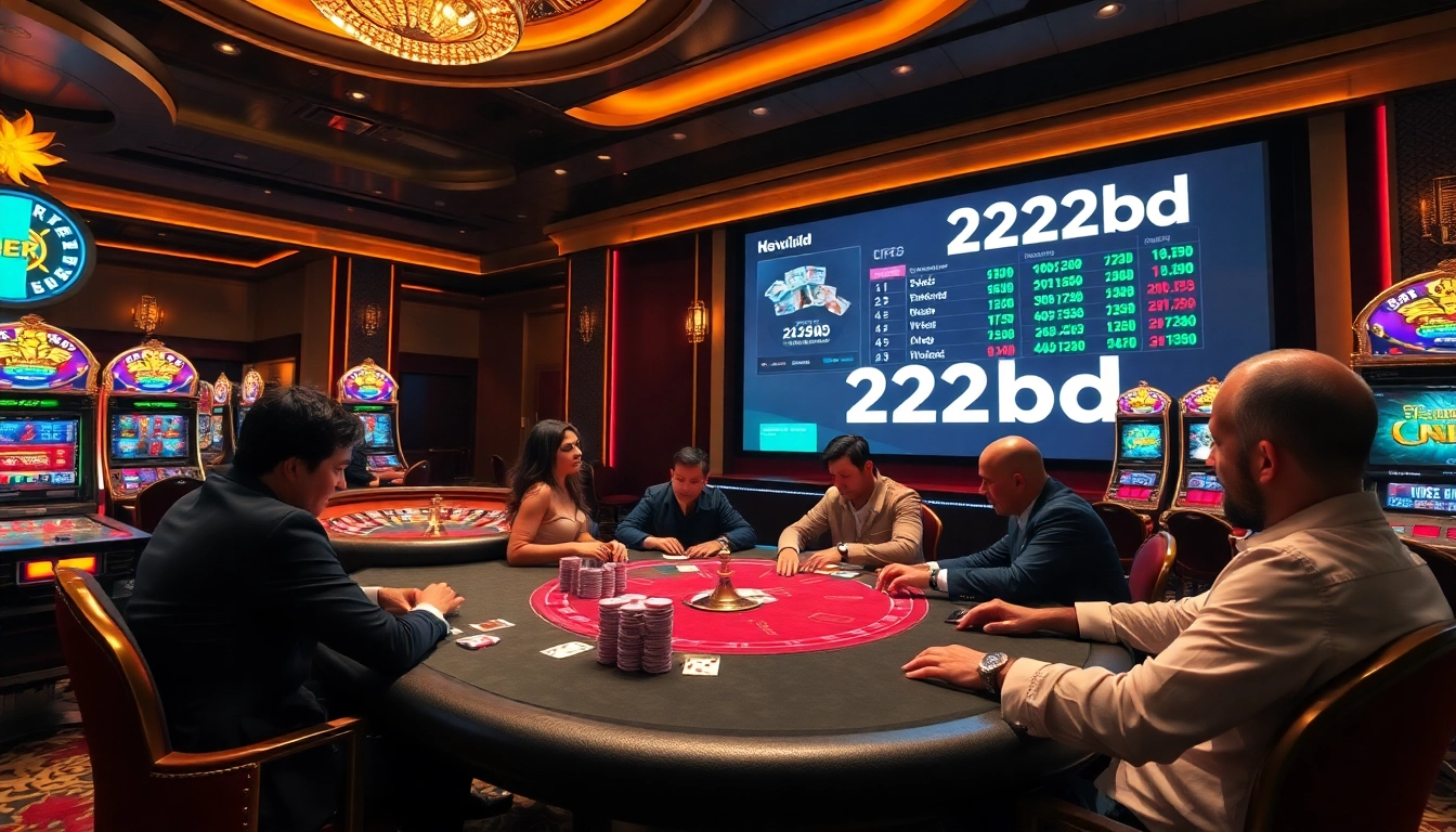Engaging gamblers at a 222bd casino with vibrant slot machines and poker tables.