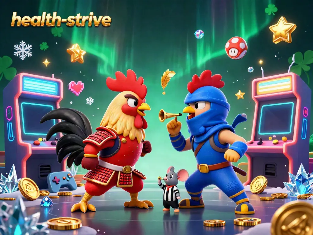 Mencapai kemenangan dengan health-strive sambil menyaksikan adu ayam 3D beranimasi bertarung di arena perjudian.