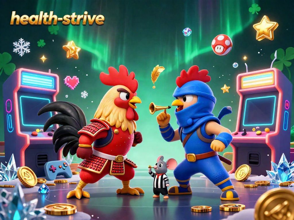 Mencapai kemenangan dengan health-strive sambil menyaksikan adu ayam 3D beranimasi bertarung di arena perjudian.
