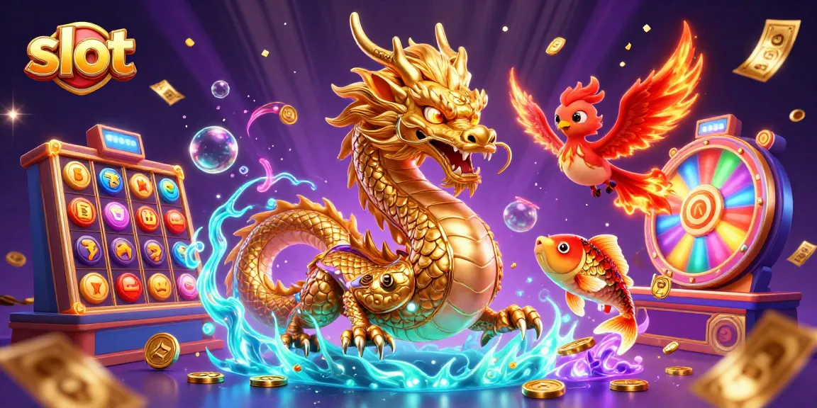 Engage in thrilling slot action with a powerful dragon, phoenix, and koi amidst dazzling gaming elements.