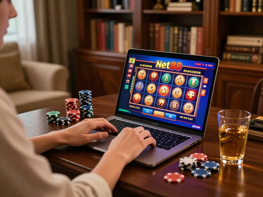 Player engaging in net88 online slots with chips and drinks at cozy home setup.