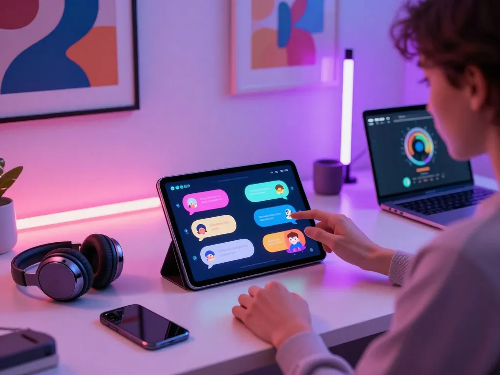Engaging 18+ AI interactions with vibrant digital characters and sleek tech setup.