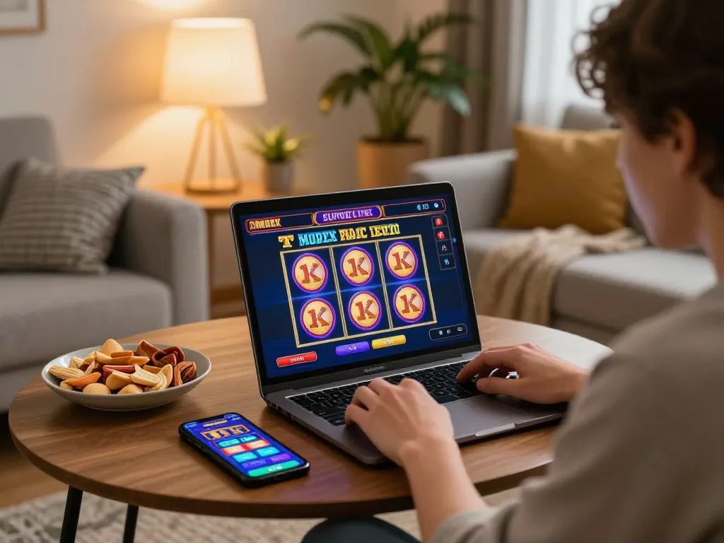 Engaged player enjoying slot online game from home, showcasing strategic approach in cozy living room