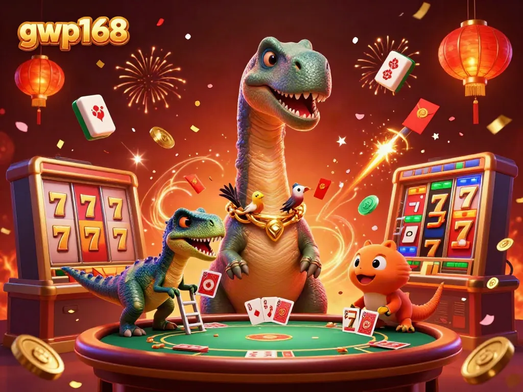 Mengundi kemenangannya di gwp168, brontosaurus berukuran raksasa mengawasi meja poker dengan raptor cerdik yang membagikan kartu.