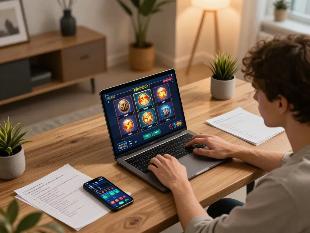 Player enjoying slot depo 5k gaming on a laptop in a cozy home office.