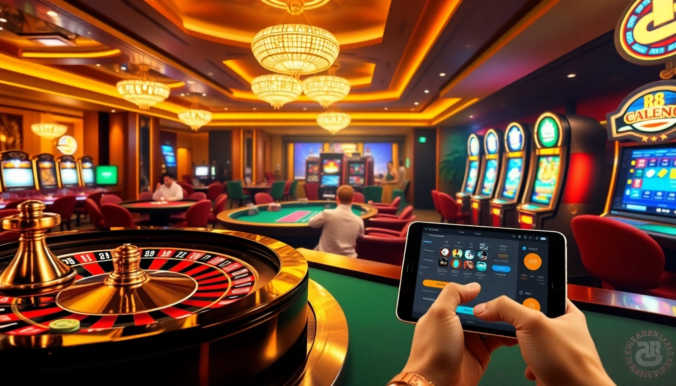 Experience thrilling games at RR 88 with a luxurious casino setting showcasing roulette and poker.