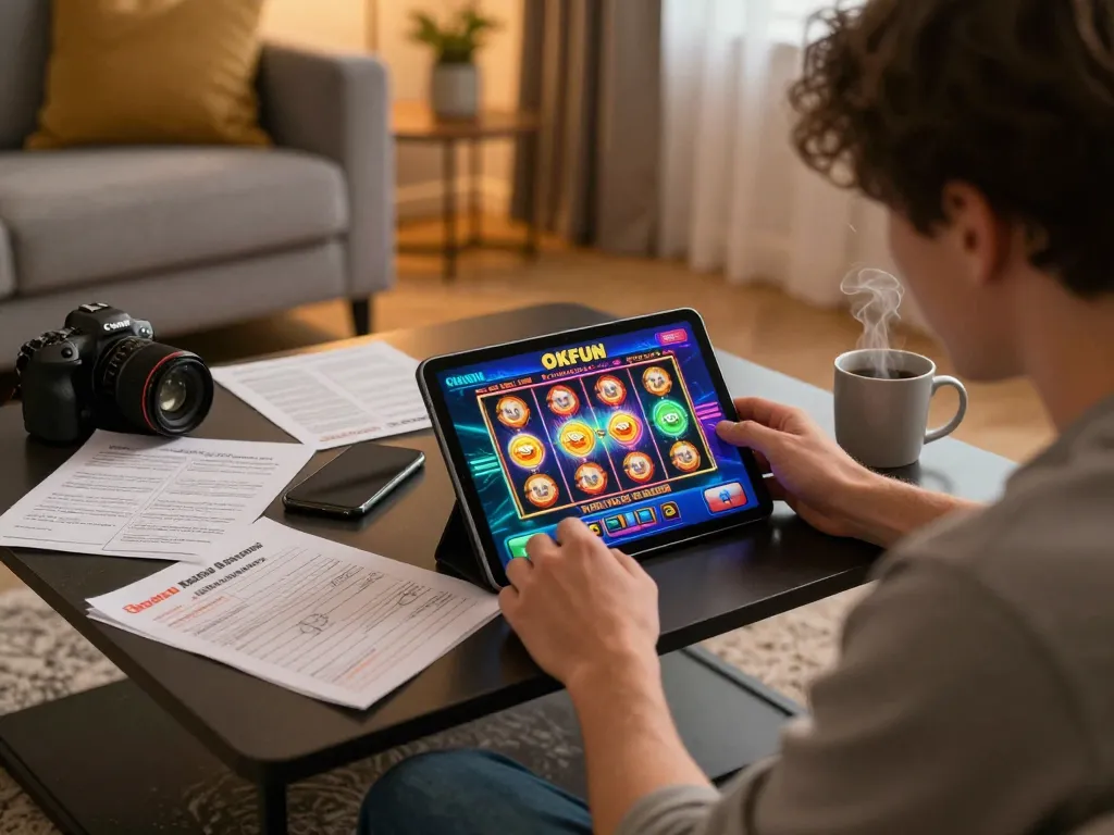 Engaging with the OKFUN casino app, enjoying colorful slot gameplay while managing bankroll responsibly.