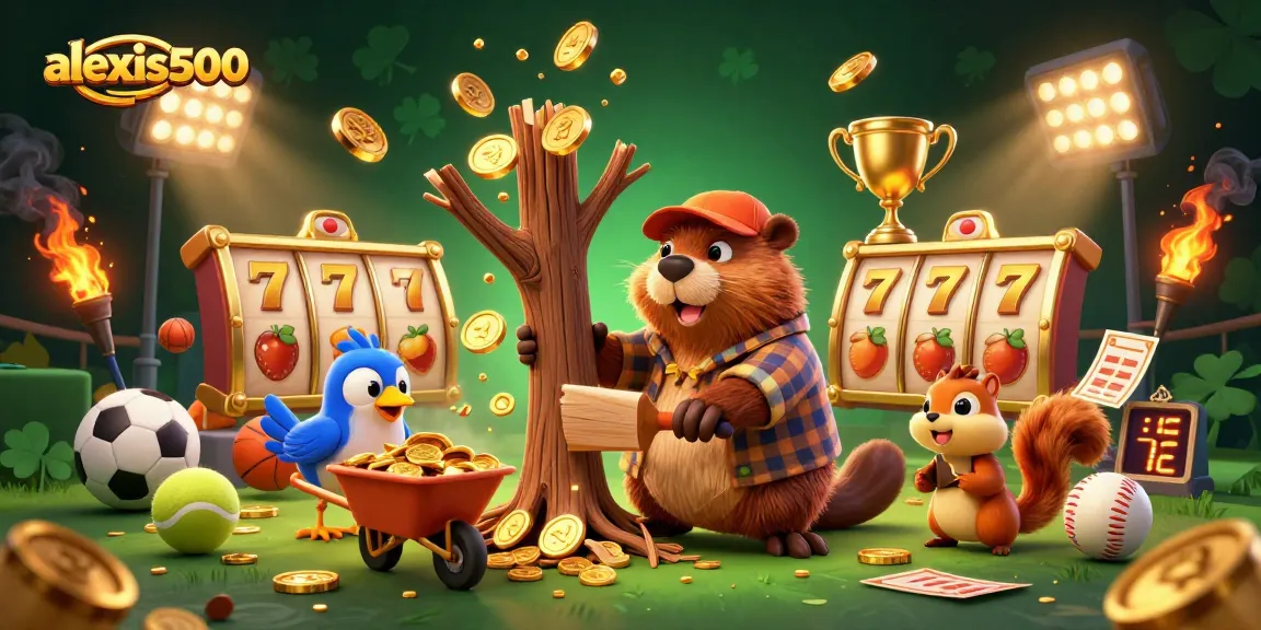 Chop golden coins rain with alexis500's beaver character and friends in a lively casino atmosphere.