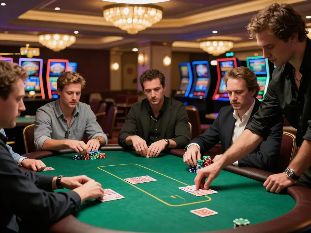 Engaging poker game at a casino table, with players focusing on their hands while chips are placed, gameradar enhancing the atmosphere.
