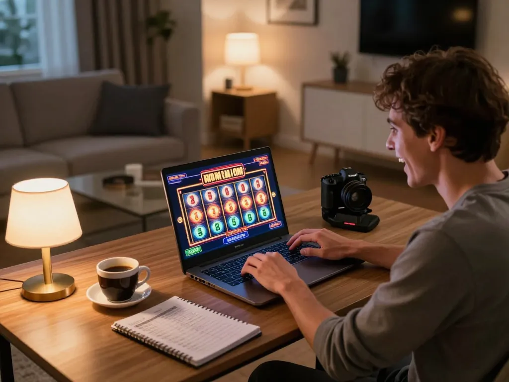 Player enjoying online slots at home on bk8 with warm ambiance and strategic notes.