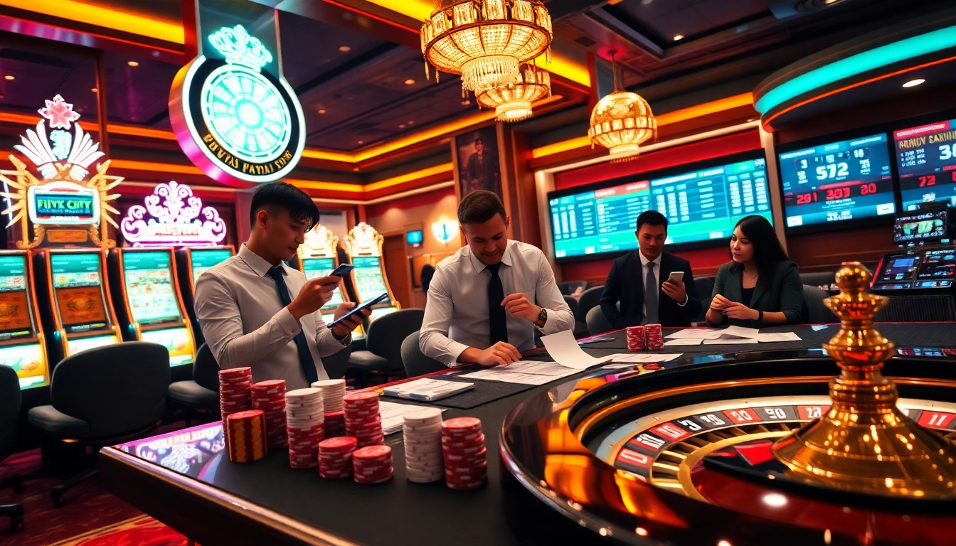 Engaging scene depicting สมัครแทงบอล at a luxurious sports betting table with enthusiastic bettors, betting slips, and casino ambiance.