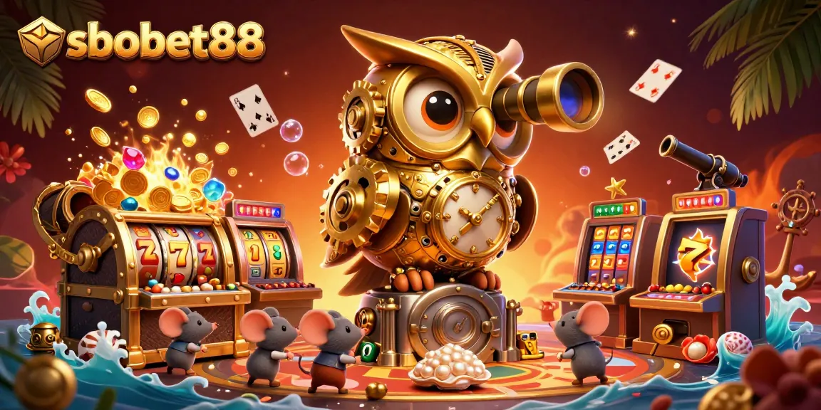sbobet88 illuminates a vibrant 3D casino scene packed with treasures and interactive games.