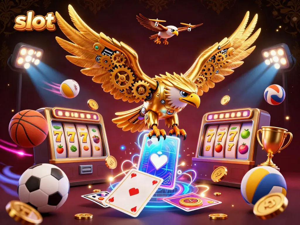 Engaging slot-themed illustration featuring a mechanical golden eagle amidst dynamic slot reels and casino elements.