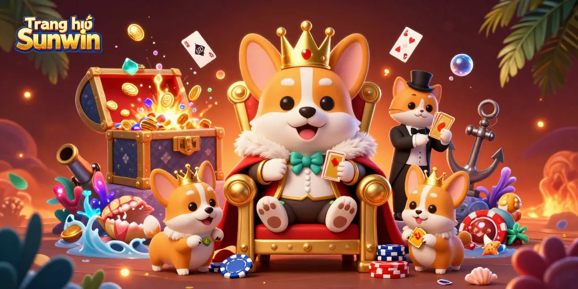 Experience the thrill of Trang chủ Sunwin with a dynamic scene featuring a royal corgi, vibrant game elements, and underwater treasures.