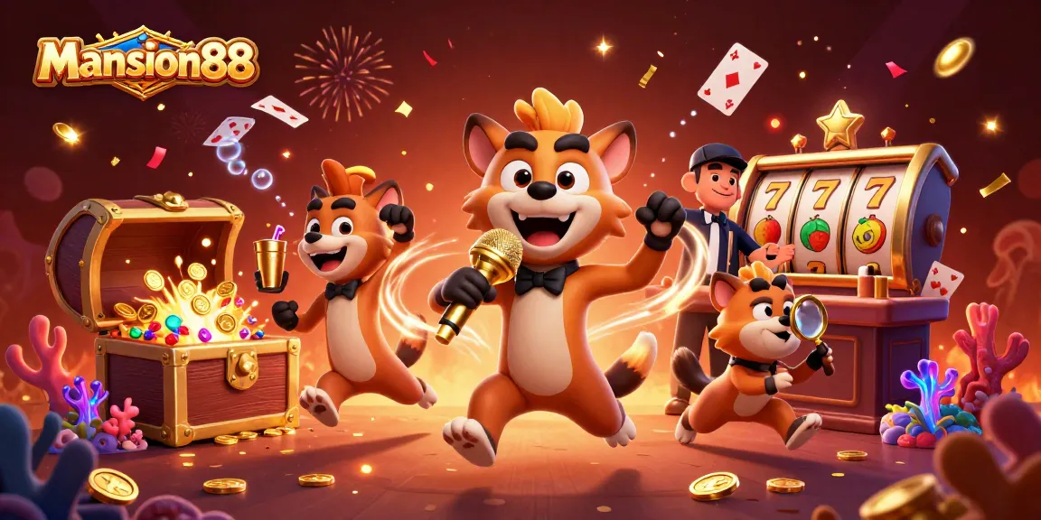Mansion88 showcases a lively casino scene with hyena characters performing various roles in an engaging atmosphere.