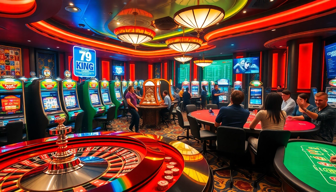 Experience the thrill of 79 king with lively casino gaming, featuring slot machines and poker players.