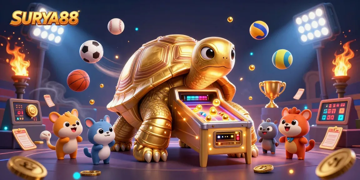SURYA88 showcases an exciting casino scene with a golden tortoise pinball machine amid sports elements and vibrant excitement.