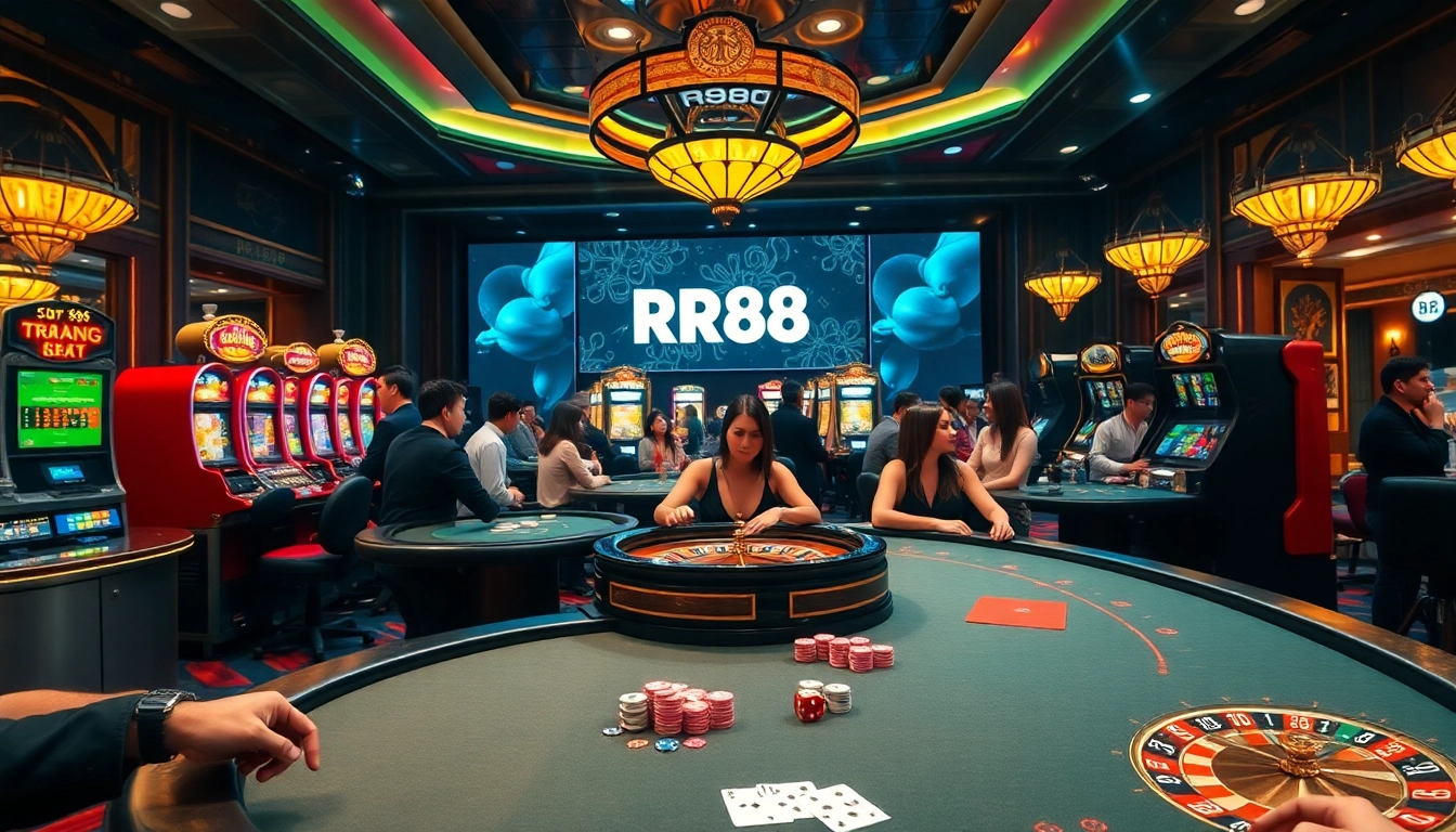Experience the thrilling vibe of Trang Chủ RR88 with vibrant casino tables and excited players.