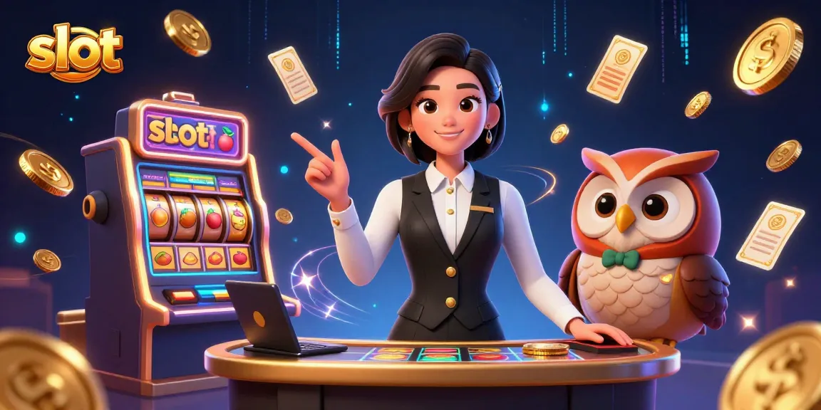 Spin the slot reels with a charming dealer and owl assistant for exciting jackpots.