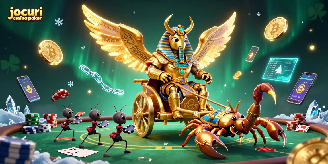 Jocuri casino poker cu o ilustrație 3D vibrantă ce prezintă un scarabeu uriaș și detalii captivante.