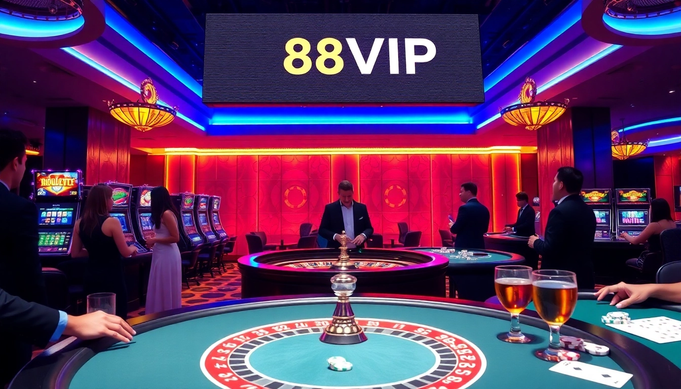 Exciting casino scene featuring 68VIP logo with roulette and poker tables, enhancing the gambling experience.