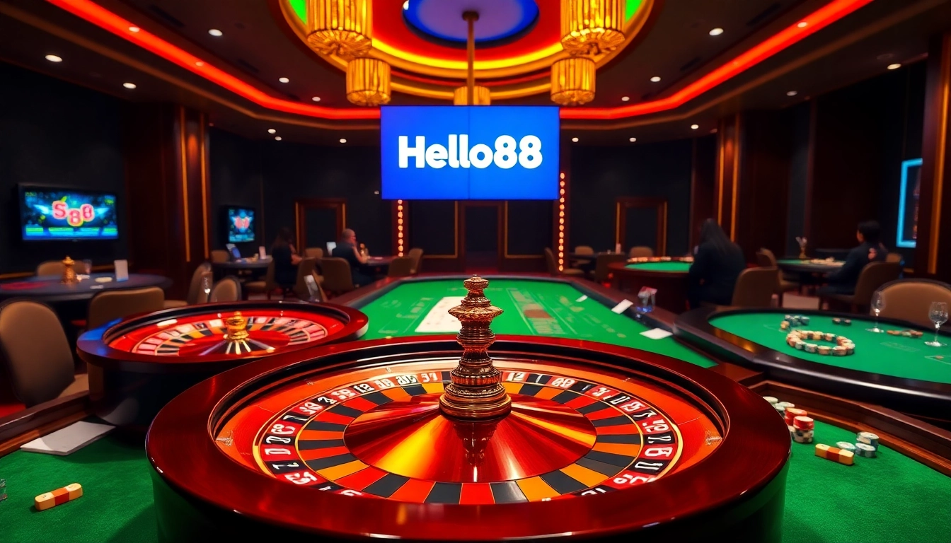 Experience the excitement of gambling at Helloo88 with stunning casino visuals featuring roulette and poker.