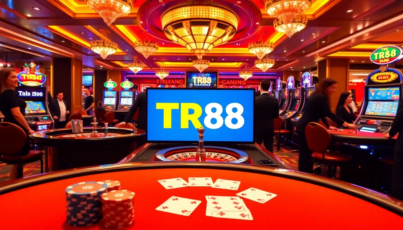 TR88 online casino scene with vibrant gaming tables, chips, and professional dealers.