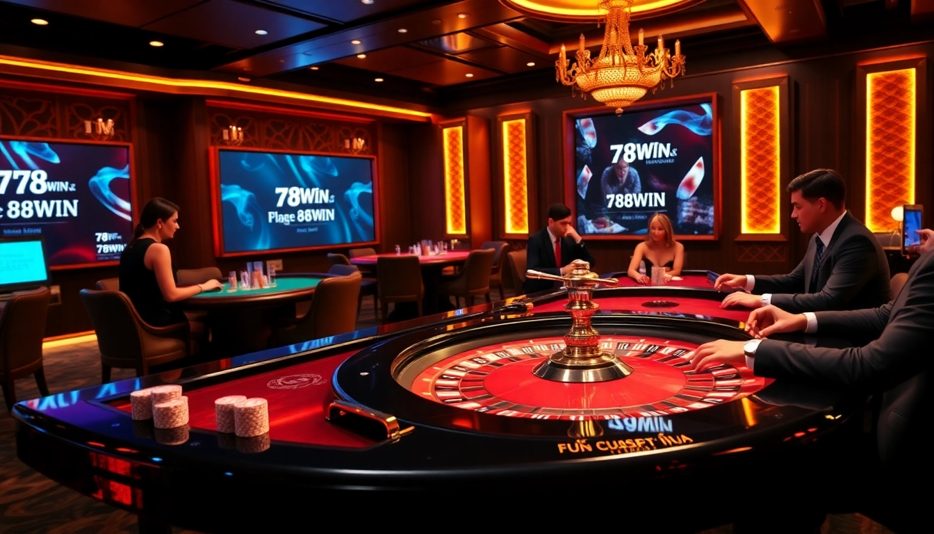 Exciting casino scene showcasing 78WIN with vibrant poker tables and thrilling gameplay.