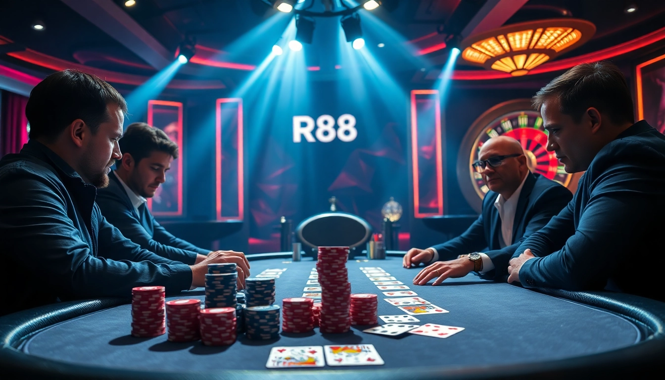 Engaged players at a high-stakes poker table showcasing RR88 excitement and luxury.