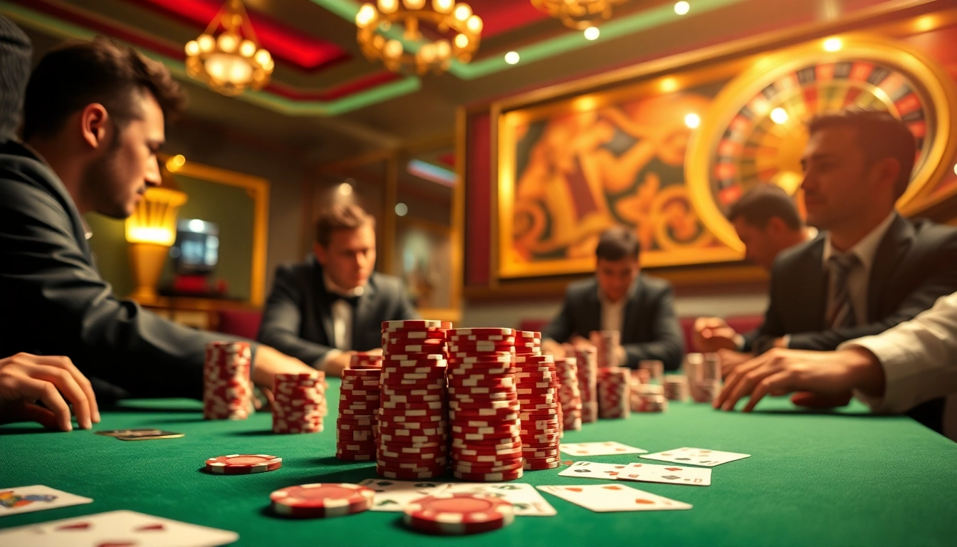 Experience the thrill of poker at 79king casino, showcasing opulent chips and intense play.
