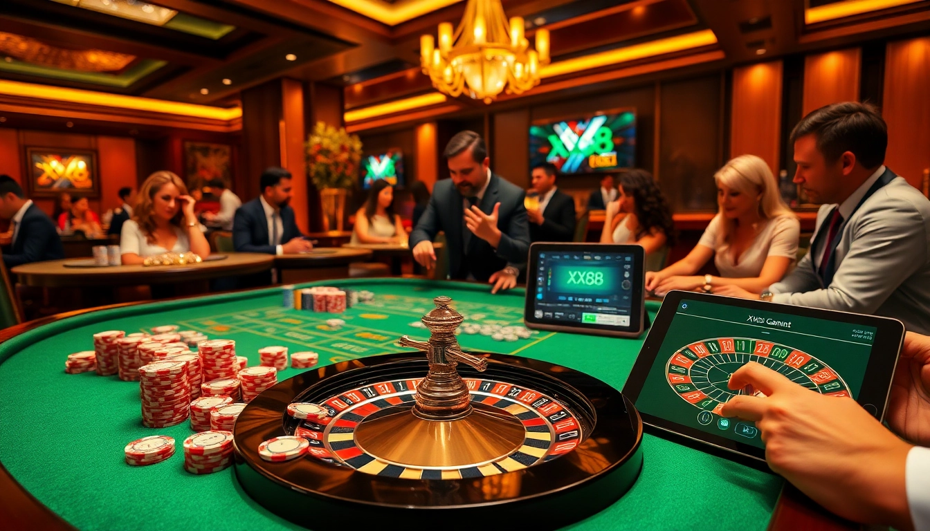 Players engaged in an exciting gambling experience at the XX88 casino table, highlighting luxury and thrilling gameplay.