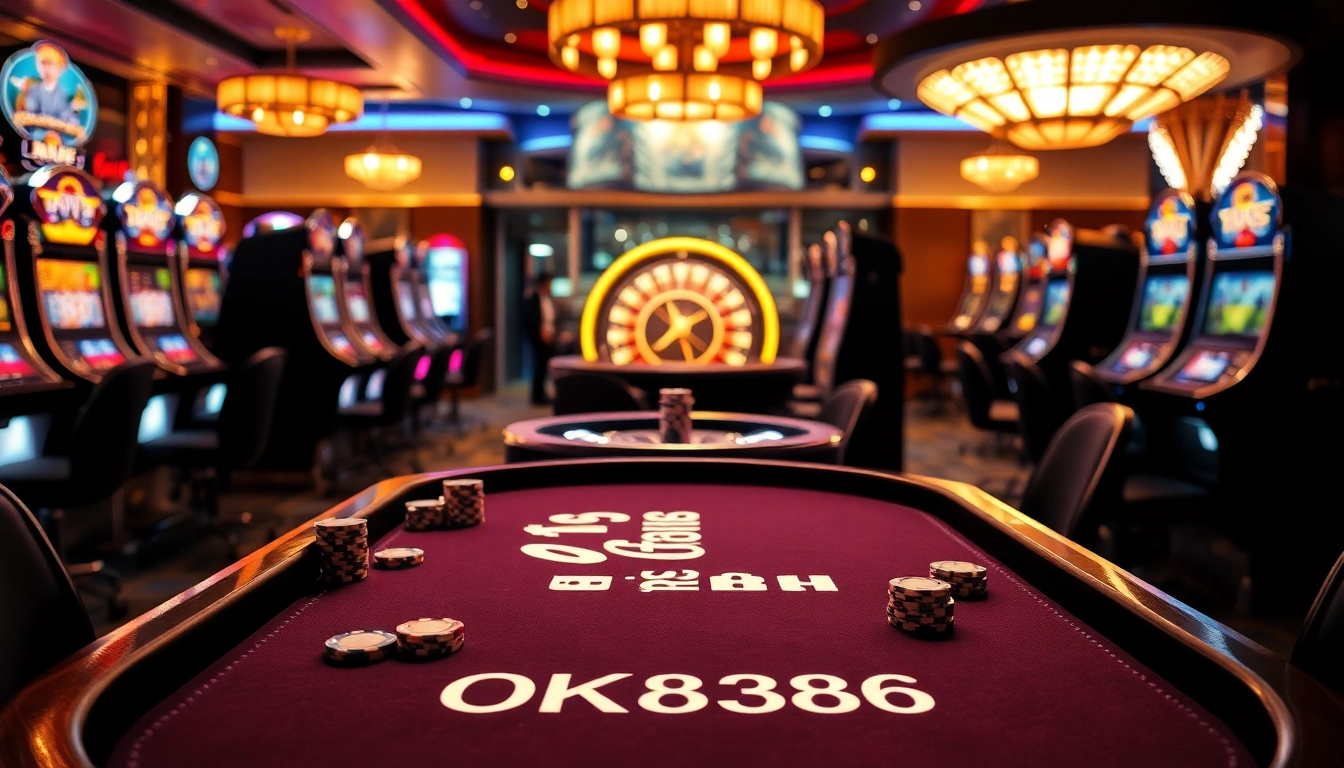 Engage with an elite casino environment showcasing OK8386 themed poker strategies amidst vibrant slot machines.
