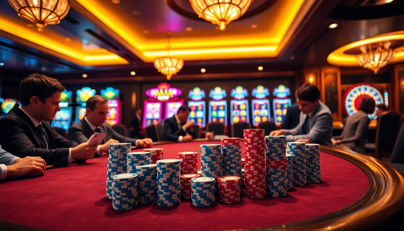 Players strategizing over poker chips at 32win's luxurious casino table.