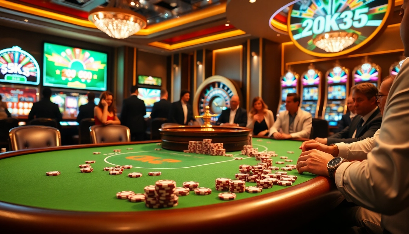 Players enjoying poker at a luxurious casino table, representing OK365's thrilling gambling experience.