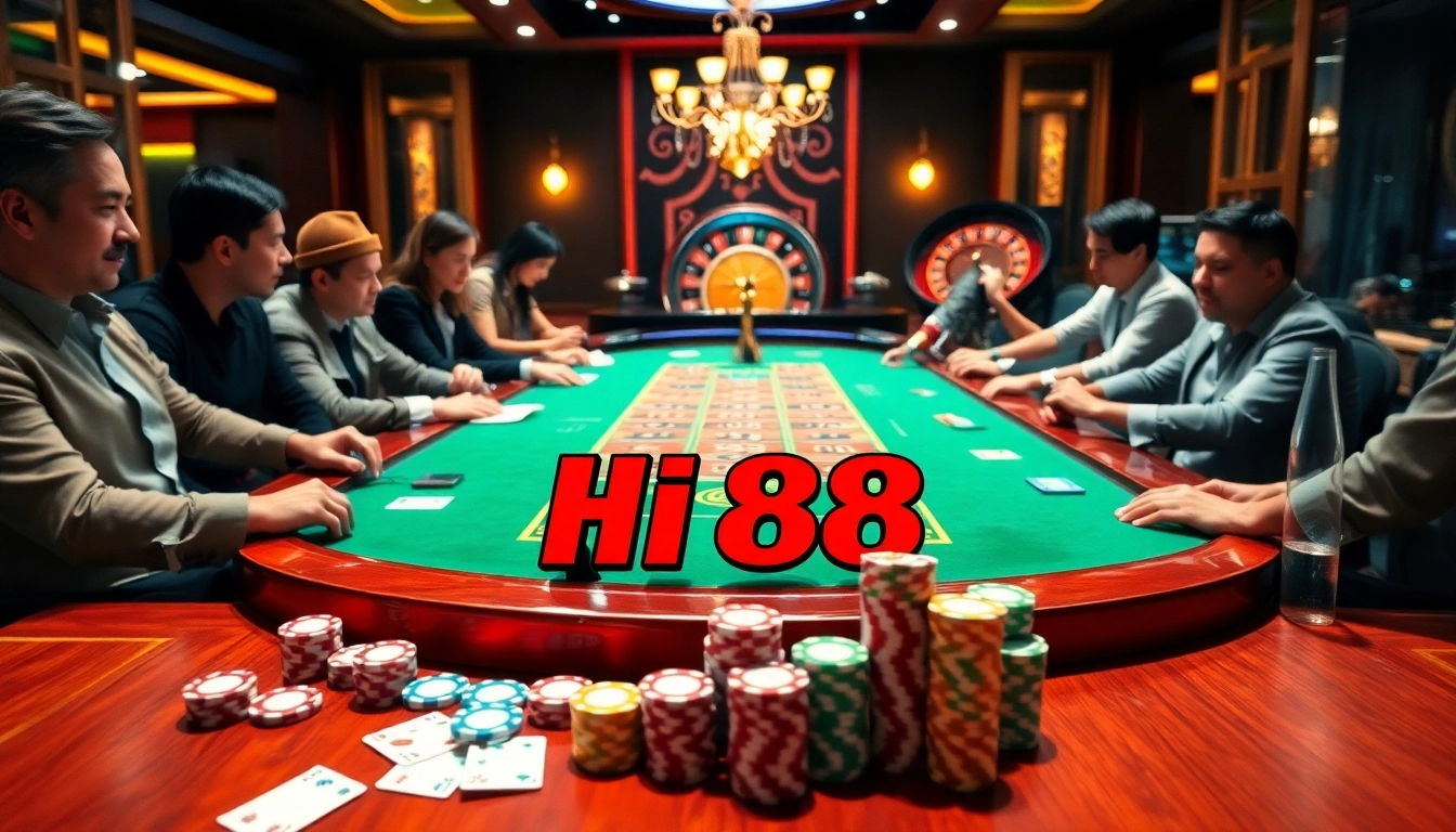 Excitement at the Hi 88 gaming table with poker chips and cards showing thrilling gameplay.