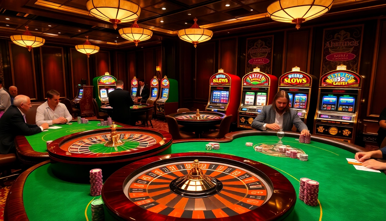 Gambling action at jbo.com showcases poker tables, chips, and a roulette wheel in a vibrant casino.