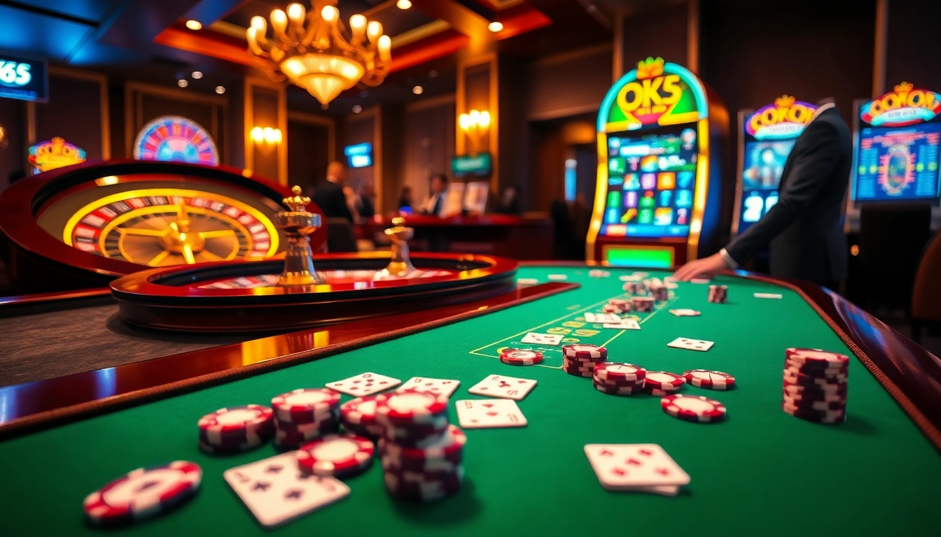 Experience the thrill of playing poker and roulette at OK365 com, featuring vibrant casino visuals.