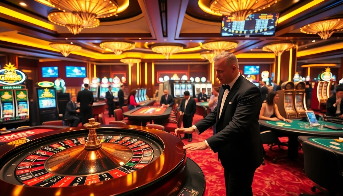 Experience the thrill of CM88 at a high-stakes casino with poker tables and roulette.