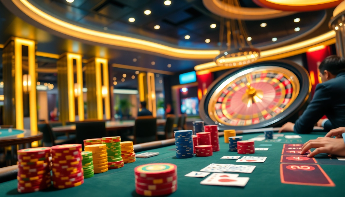 Thrilling gaming experience at https://www.kjc.global/ with a luxurious casino atmosphere featuring poker tables and roulette.