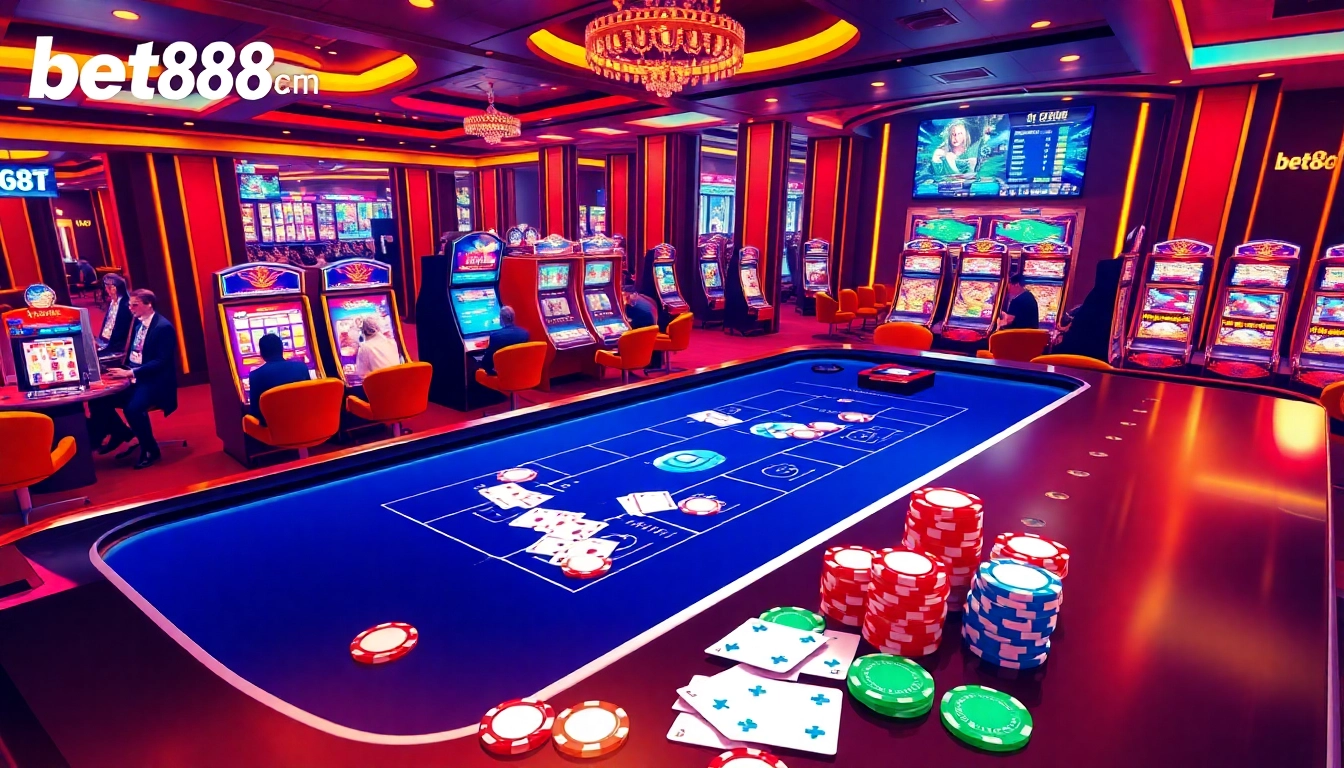 Experience the excitement of gambling at bet88.com with lively casino visuals featuring poker, slots, and betting.