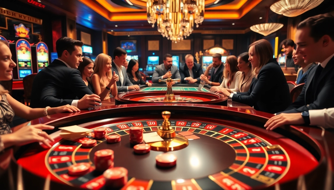 Win55 players enjoying an exciting game at a vibrant casino roulette table.