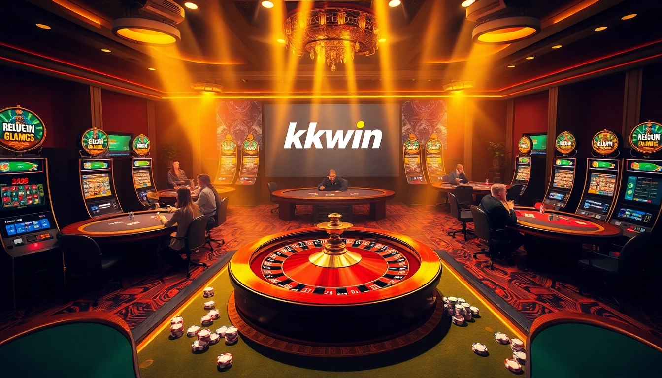 Exciting casino scene showcasing kkwin com with roulette, poker tables, and vibrant slot machines.