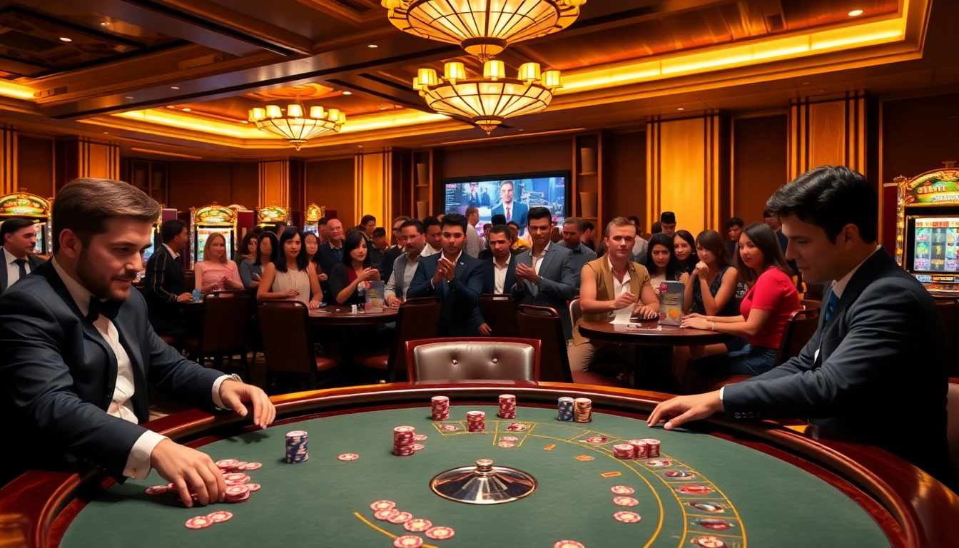 Vibrant casino scene showcasing poker gameplay and slot machines at https://l444.art/ with players engaging in high stakes.