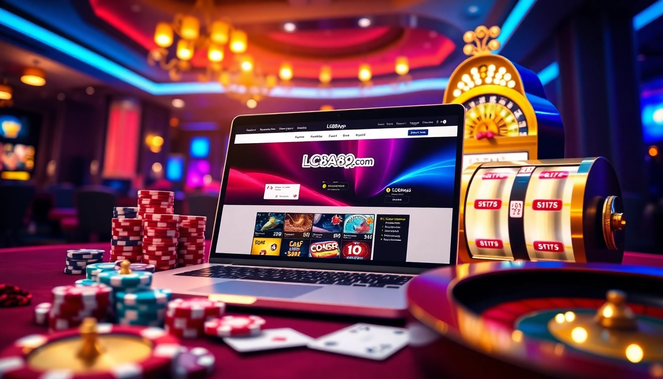 Experience thrilling gameplay on lc88app.com with engaging gambling elements like poker chips and a roulette wheel.