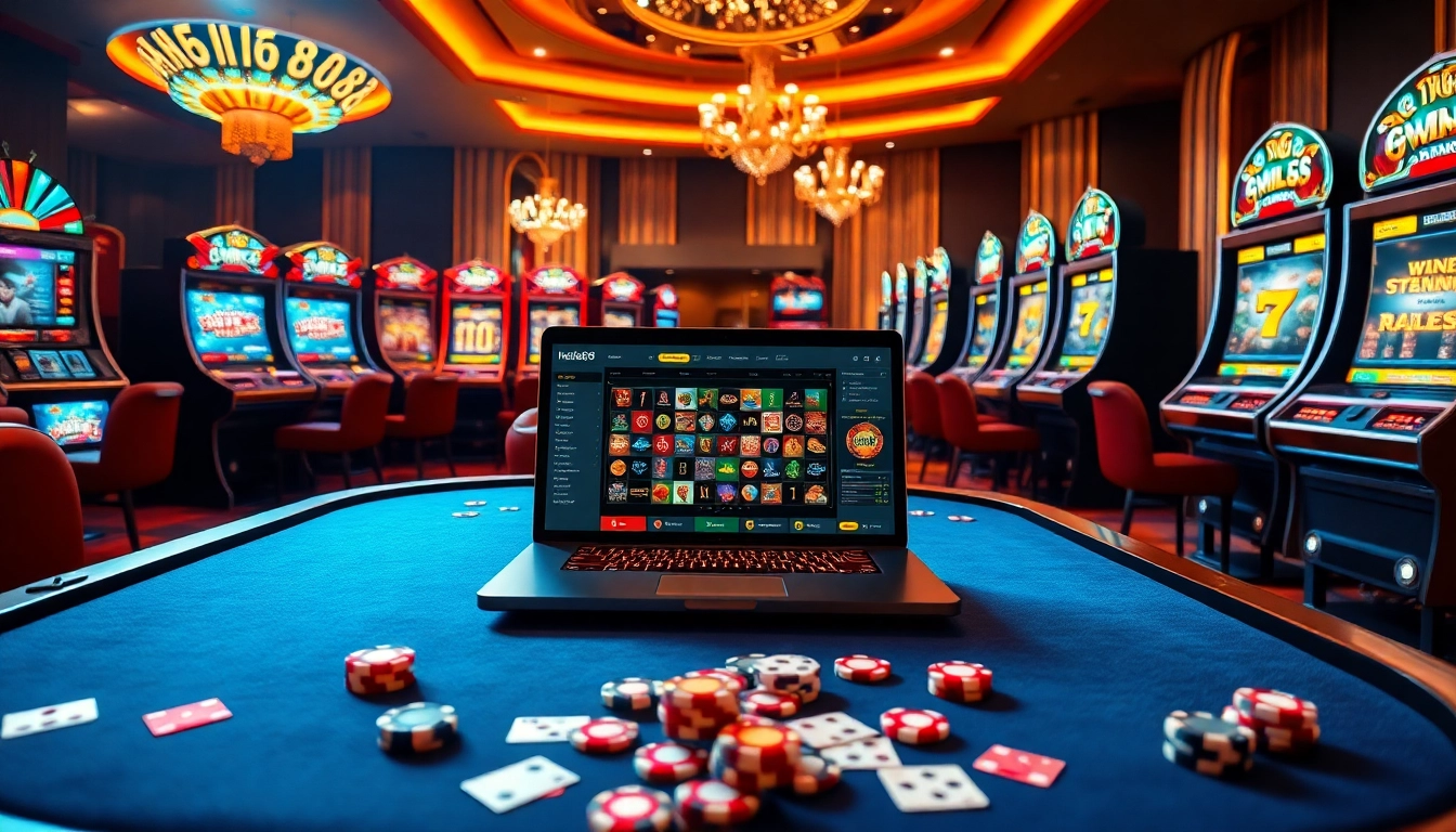 Hello88 offers an exciting online gaming experience featuring roulette, poker chips, and vibrant slot machines.