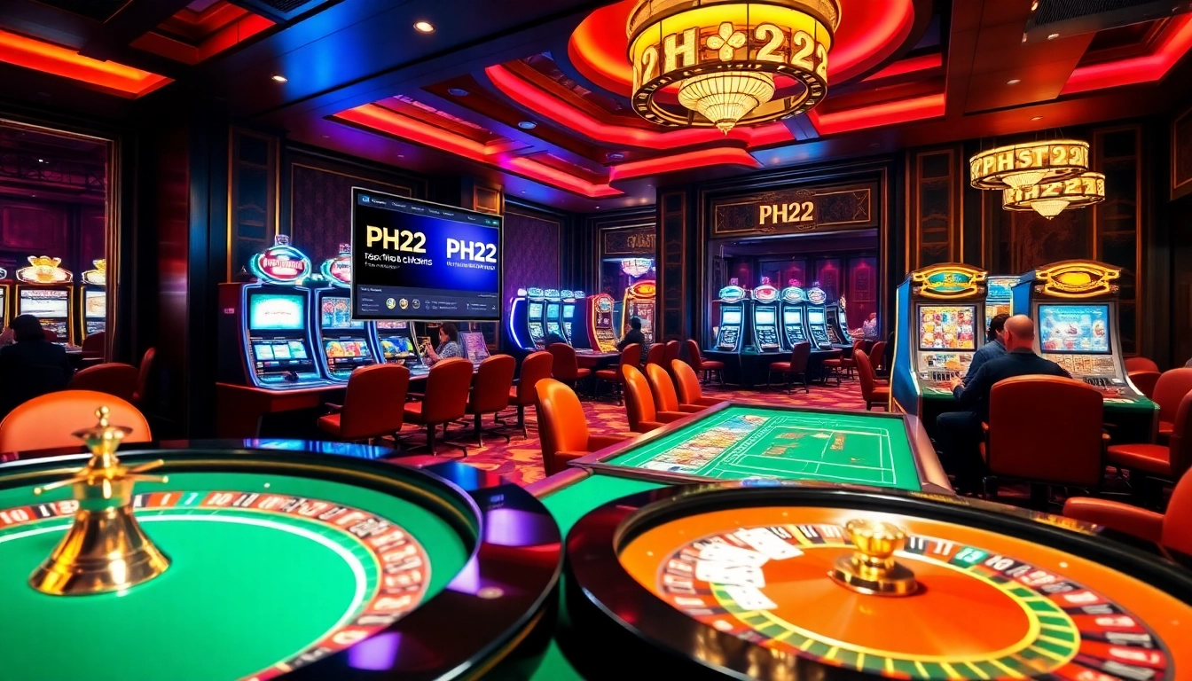 Engaging players immersed in the gaming experience at https://ph22.net.ph/ casino, showcasing slot machines and poker cards.