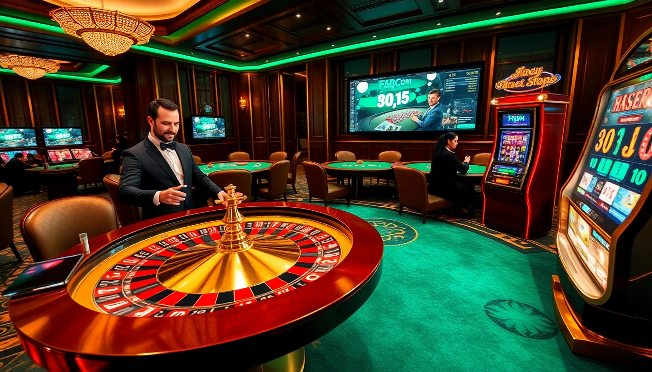 Engaged players enjoying a thrilling moment at F8BET.COM online casino, with vibrant roulette and poker scenes.