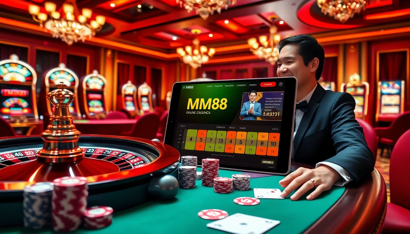 Experience the excitement of MM88 with vibrant casino visuals featuring roulette and poker chips.