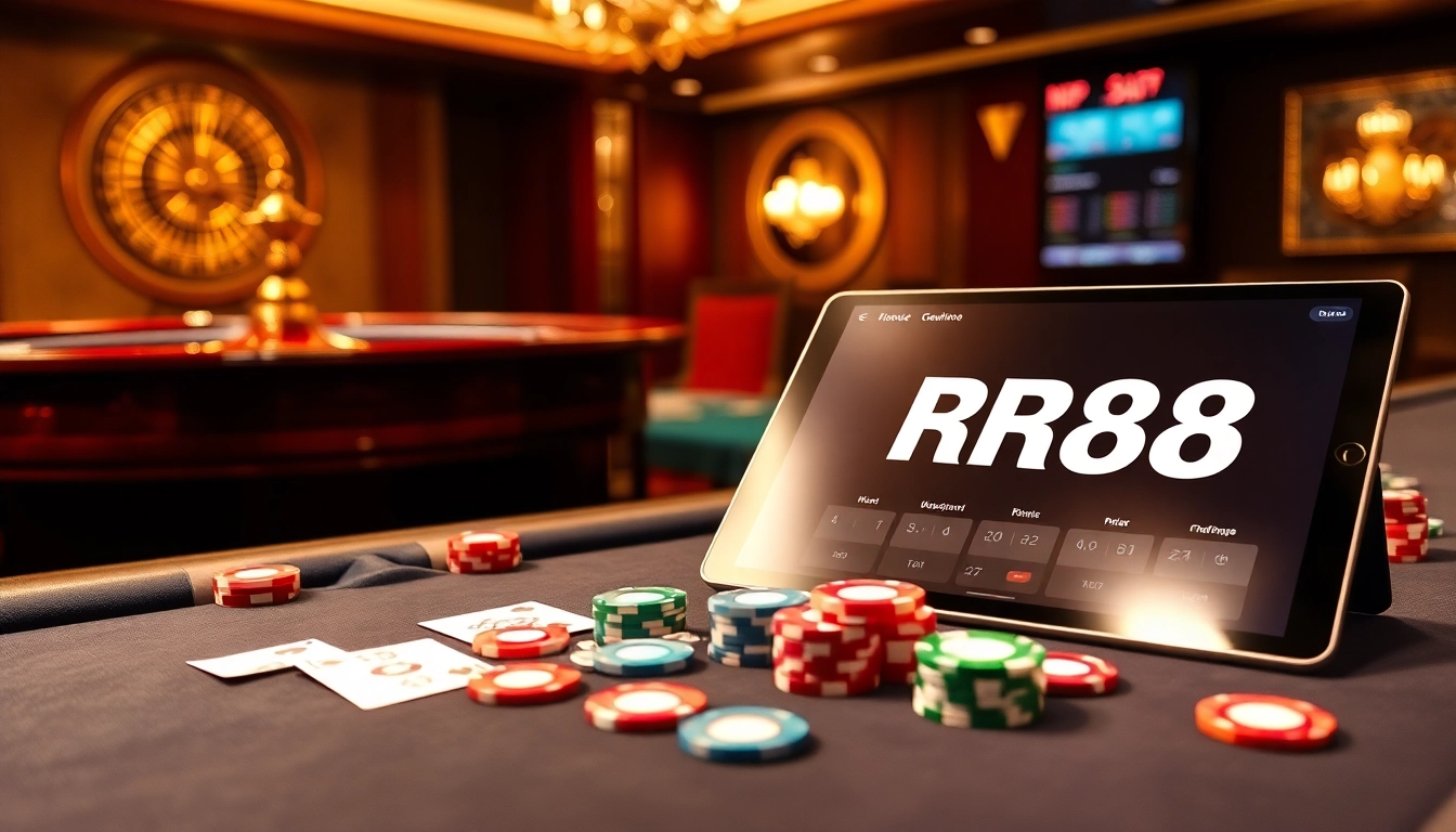 Experience the luxury and excitement of a poker game at RR88 casino, featuring vibrant chips and cards.